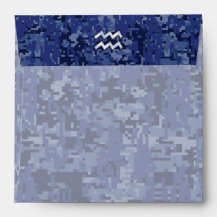 Silver Aquarius Zodiac Sign Navy Blue Digital Camo Envelopes