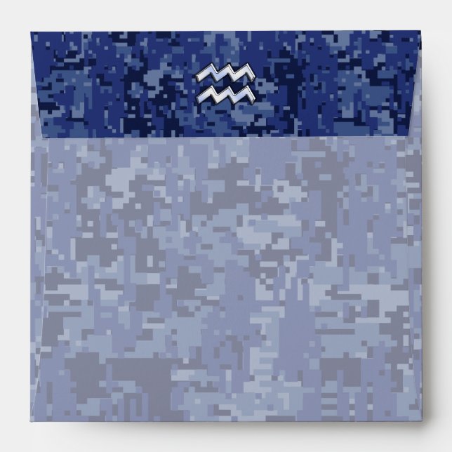 Silver Aquarius Zodiac Sign Navy Blue Digital Camo Envelopes (Back (Top Flap))