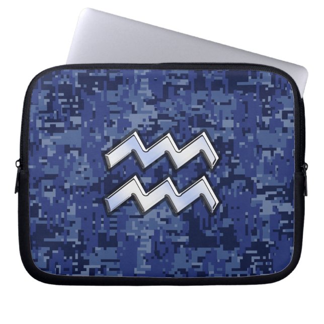 Silver Aquarius Zodiac Sign Navy Blue Digital Camo Laptop Sleeve (Front)
