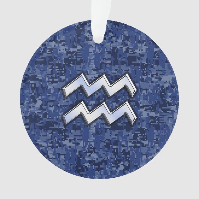 Silver Aquarius Zodiac Sign Navy Blue Digital Camo Ornament (Front)