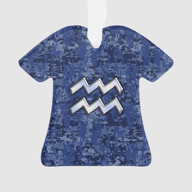 Silver Aquarius Zodiac Sign Navy Blue Digital Camo Ornament (Front)