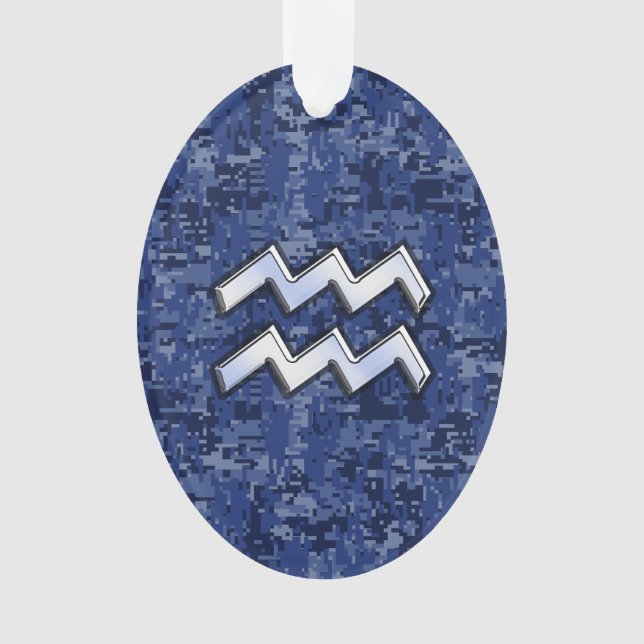 Silver Aquarius Zodiac Sign Navy Blue Digital Camo Ornament (Front)