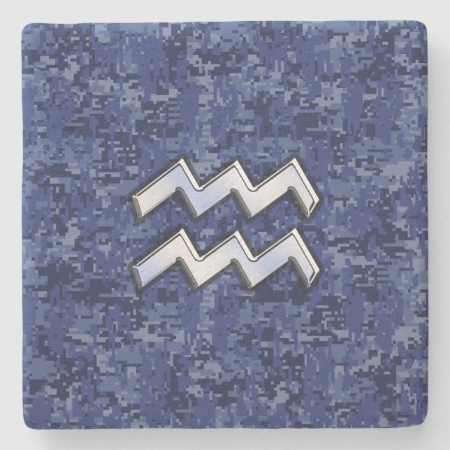 Silver Aquarius Zodiac Sign Navy Blue Digital Camo Stone Coaster (Front)