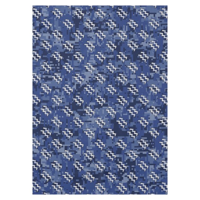 Silver Aquarius Zodiac Sign Navy Blue Digital Camo Tablecloth (Front)
