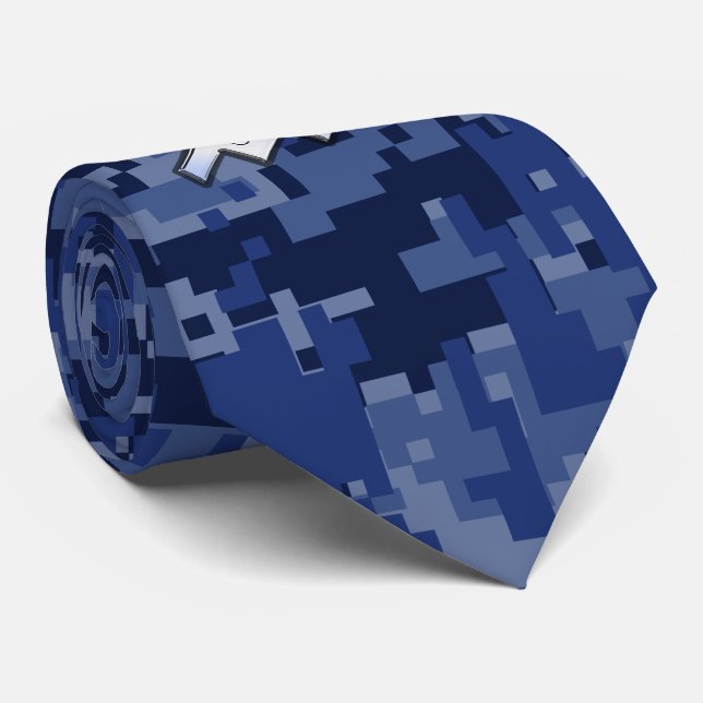 Silver Aquarius Zodiac Sign Navy Blue Digital Camo Tie (Rolled)