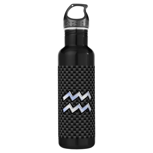 Silver Aquarius Zodiac Symbol Carbon Fibre Style 710 Ml Water Bottle (Front)