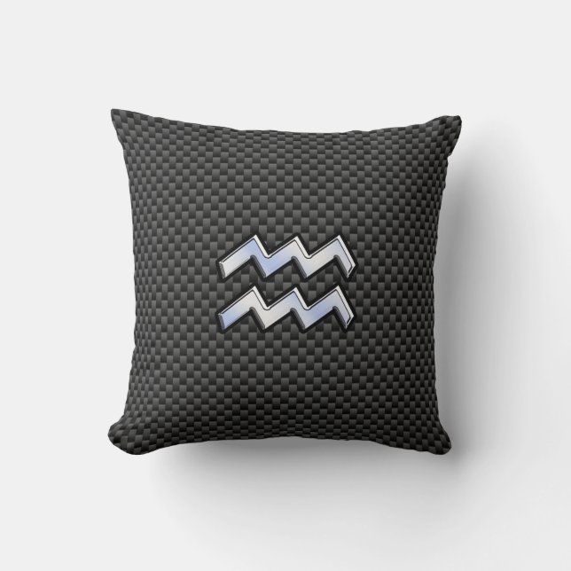Silver Aquarius Zodiac Symbol Carbon Fibre Style Cushion (Front)