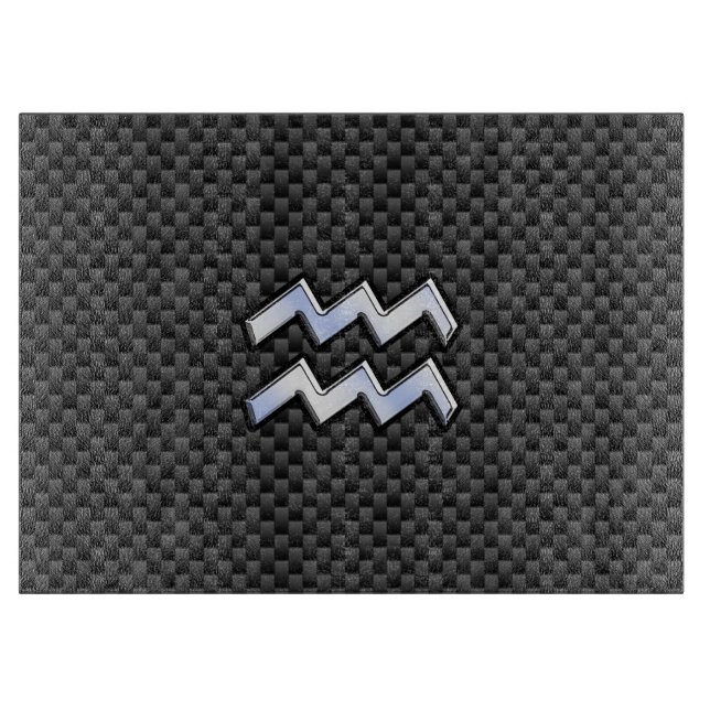 Silver Aquarius Zodiac Symbol Carbon Fibre Style Cutting Board (Front)
