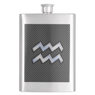Silver Aquarius Zodiac Symbol Carbon Fibre Style Hip Flask