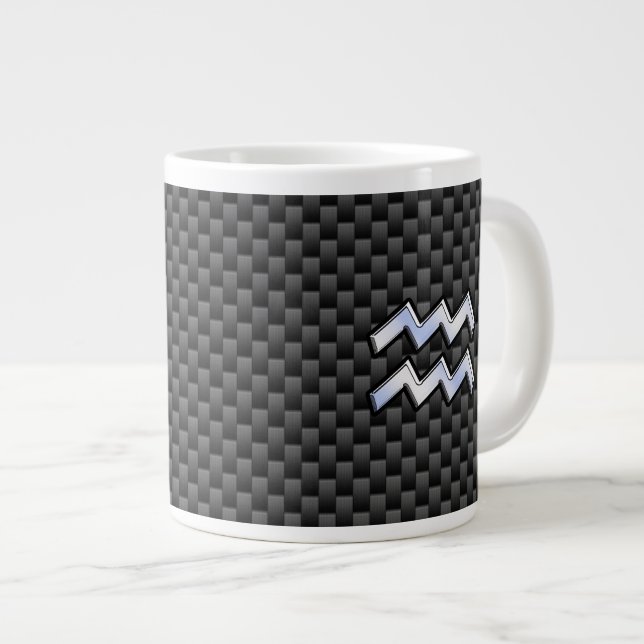 Silver Aquarius Zodiac Symbol Carbon Fibre Style Large Coffee Mug (Front Right)