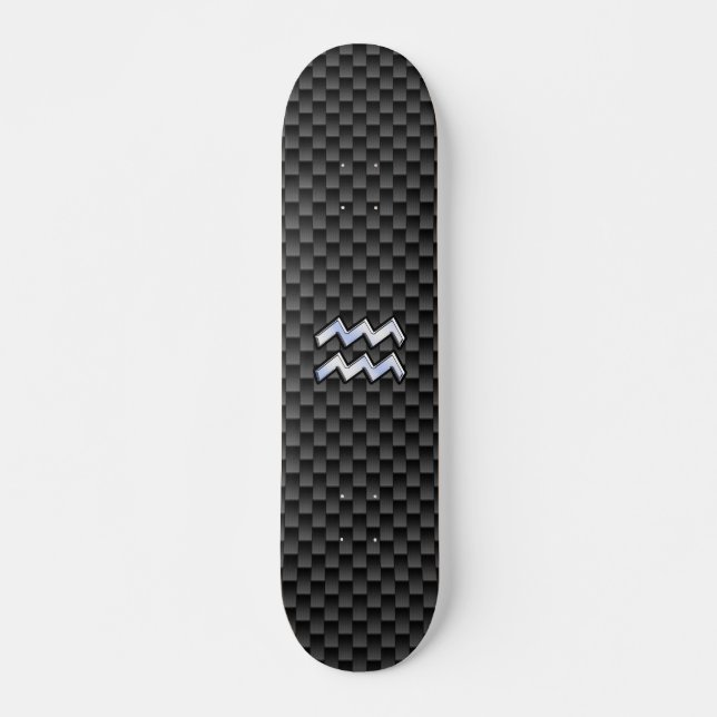 Silver Aquarius Zodiac Symbol Carbon Fibre Style Skateboard (Front)