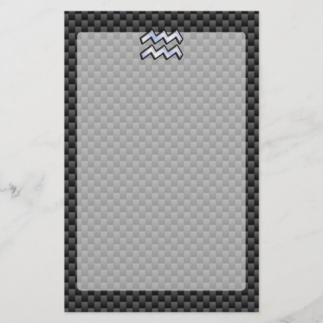 Silver Aquarius Zodiac Symbol Carbon Fibre Style Stationery (Front)