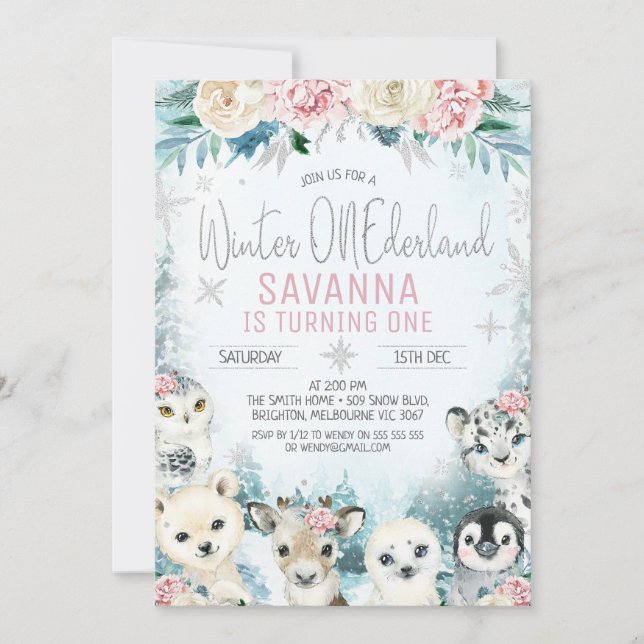 Silver Arctic Animals Winter Onederland Birthday Invitation (Front)