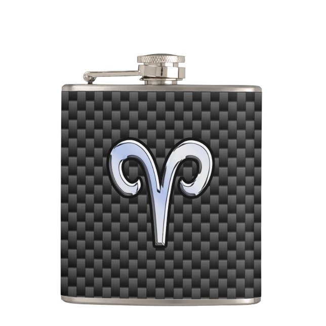 Silver Aries Zodiac Sign Black Carbon Fibre Print Hip Flask (Front)