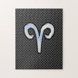 Silver Aries Zodiac Sign Black Carbon Fibre Print Jigsaw Puzzle