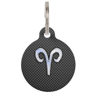 Silver Aries Zodiac Sign Black Carbon Fibre Print Pet Tag