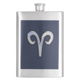 Silver Aries Zodiac Sign Blue Carbon Fibre Print Hip Flask