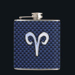 Silver Aries Zodiac Sign Blue Carbon Fibre Print Hip Flask<br><div class="desc">A silver chrome like Aries zodiac symbol on a navy blue carbon fibre design texture print background. A modern urban racy design for a great custom birthday gift idea. Embroidery designs are available in a selection of popular colour options. Use the "Ask this Designer" link to contact us with your...</div>