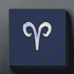 Silver Aries Zodiac Sign Blue Carbon Fibre Print Plaque<br><div class="desc">A silver chrome like Aries zodiac symbol on a navy blue carbon fibre design texture print background. A modern urban racy design for a great custom birthday gift idea. Embroidery designs are available in a selection of popular colour options. Use the "Ask this Designer" link to contact us with your...</div>