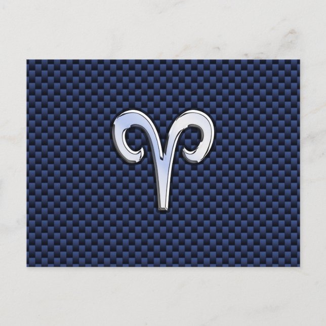 Silver Aries Zodiac Sign Blue Carbon Fibre Print Postcard (Front)