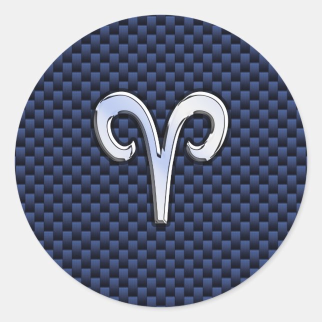 Silver Aries Zodiac Sign Navy Carbon Fiber Style Classic Round Sticker (Front)