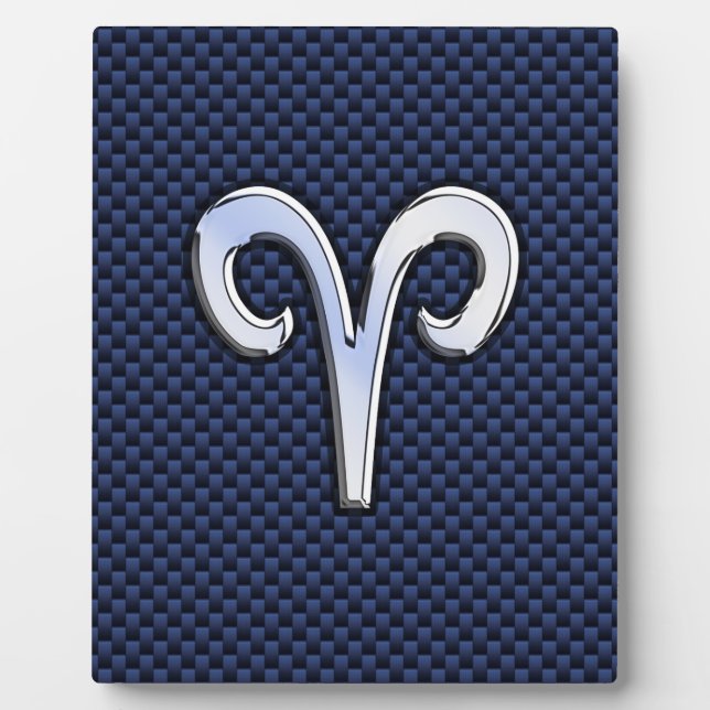 Silver Aries Zodiac Sign Navy Carbon Fiber Style Plaque (Front)