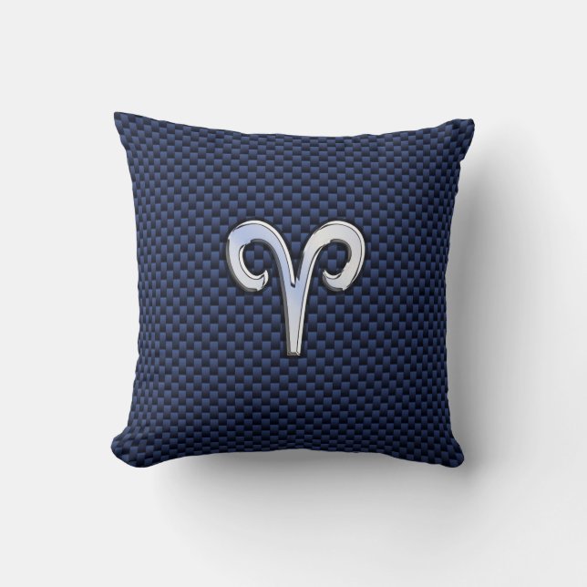 Silver Aries Zodiac Sign Navy Carbon Fibre Style Cushion (Front)
