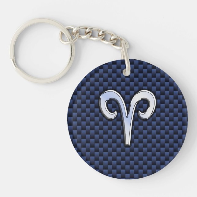 Silver Aries Zodiac Sign Navy Carbon Fibre Style Key Ring (Front)