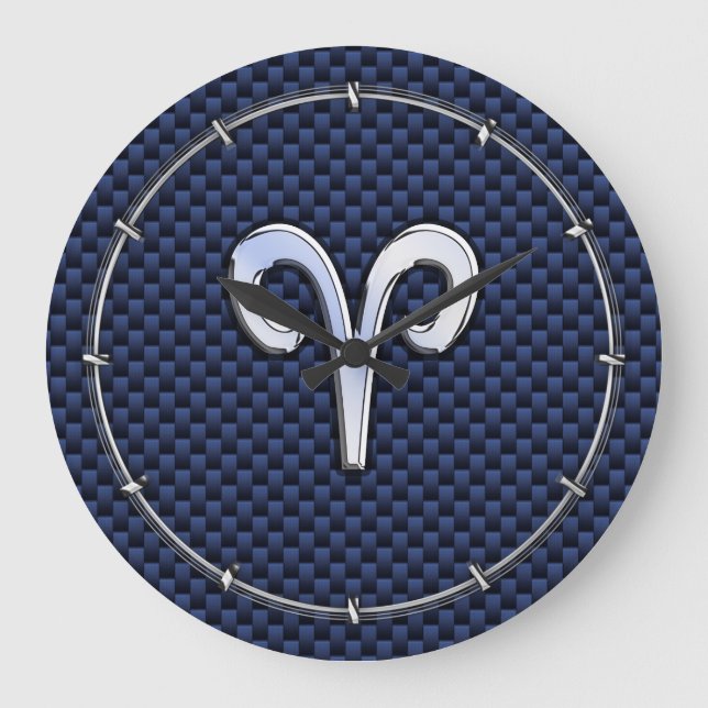 Silver Aries Zodiac Sign Navy Carbon Fibre Style Large Clock (Front)