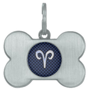 Silver Aries Zodiac Sign Navy Carbon Fibre Style Pet ID Tag
