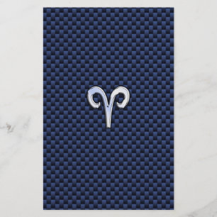 Silver Aries Zodiac Sign Navy Carbon Fibre Style Stationery