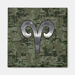 Silver Aries Zodiac Symbol Green Digital Camo Magnet