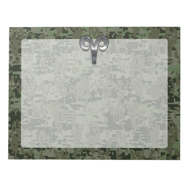 Silver Aries Zodiac Symbol Green Digital Camo Notepad (Front)