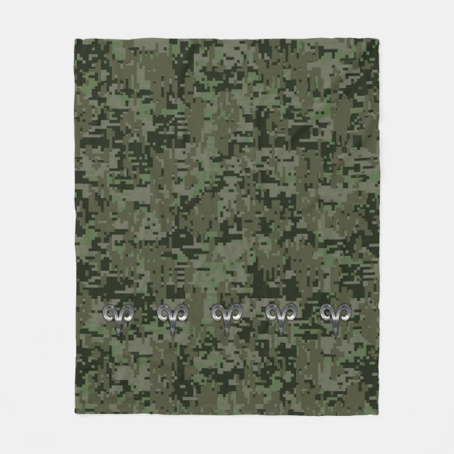 Silver Aries Zodiac Symbol on Green Digital Camo Fleece Blanket (Front)