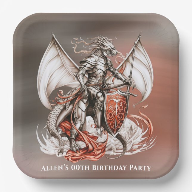 Silver Armour Dragon Orange 00th Birthday Party Paper Plate (Front)