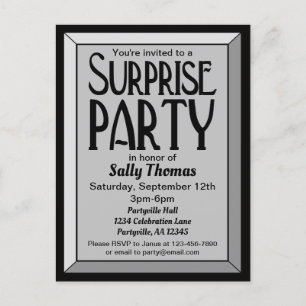 Silver Art Deco Beveled Birthday Surprise Party Invitation Postcard