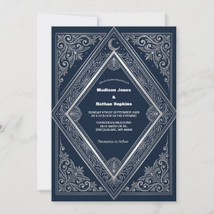 Silver Art Deco Navy Gothi Wedding Invitation