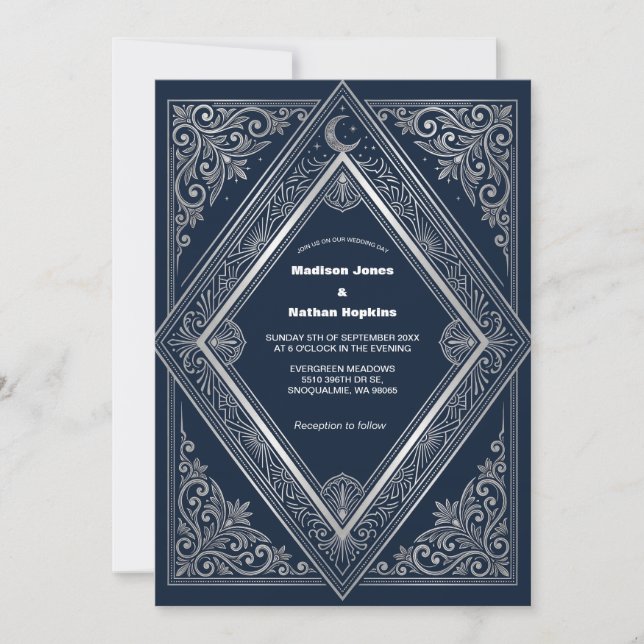 Silver Art Deco Navy Gothi Wedding Invitation (Front)
