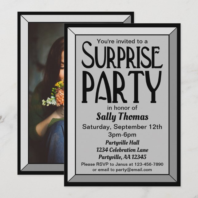 Silver Art Deco Photo Birthday Surprise Party Invitation (Front/Back)