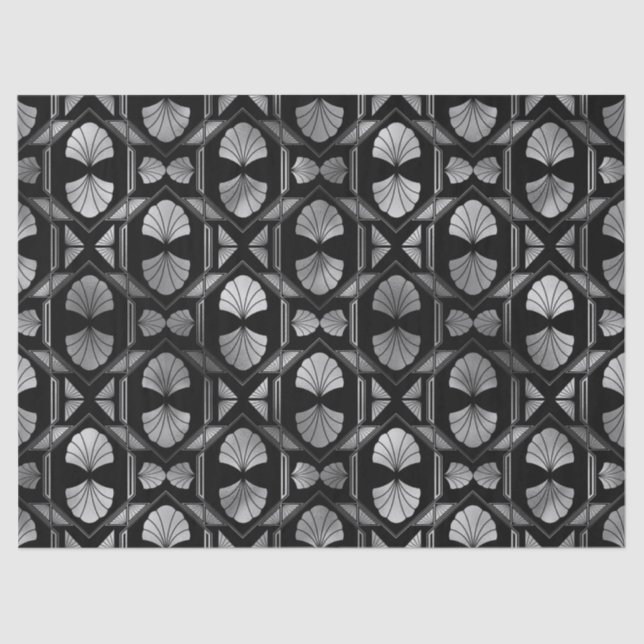 Silver Art Deco Shells on Black Decoupage Tissue Paper (Front)
