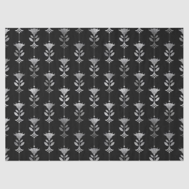 Silver Art Deco Style Flowers on Black Decoupage Tissue Paper (Front)
