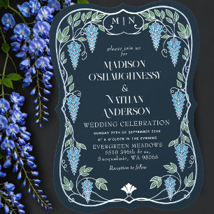 Silver Art Nouveau Blue Wisteria Wedding Invitation