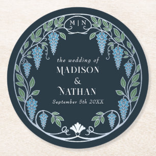 Silver Art Nouveau Blue Wisteria Wedding Round Paper Coaster