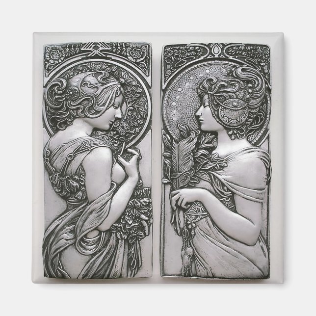 Silver ,Art nouveau ,design, female twins,Mucha Magnet (Front)