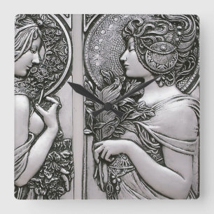 Silver ,Art nouveau ,design, females,Mucha,beautif Square Wall Clock