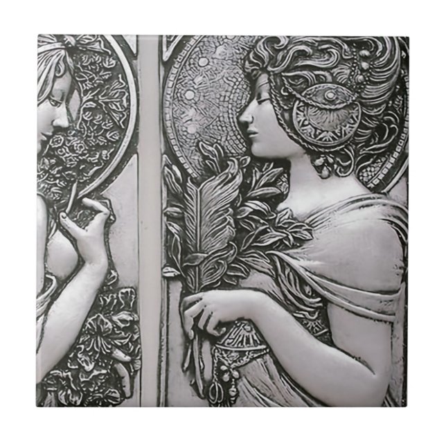 Silver ,Art nouveau ,design, females,Mucha,beautif Tile (Front)