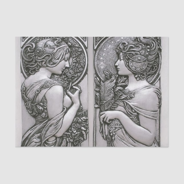 Silver ,Art nouveau ,design, females,Mucha,beautif Tissue Paper (Front)
