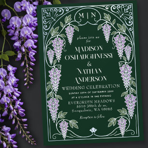 Silver Art Nouveau Purple Wisteria Wedding Invitation