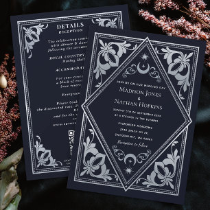 Silver Art Nouveau Tarot Gothic QR Code Wedding  Invitation