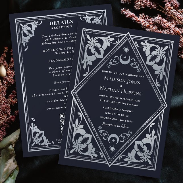 Silver Art Nouveau Tarot Gothic QR Code Wedding  Invitation (Creator Uploaded)